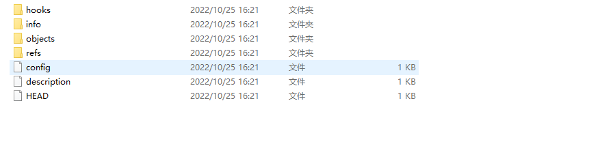 项目根目录下 .git 文件夹的目录结构截图，展开后可见 config、description、hooks、info、objects、refs、HEAD 等子目录和文件