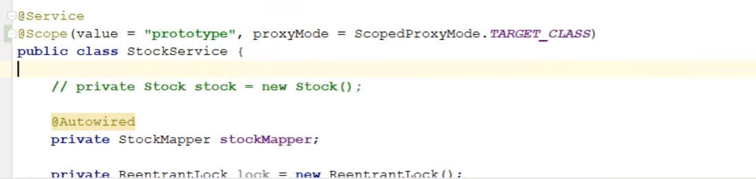 Spring 配置类截图，StockService 标注 Scope 值为 prototype 即多例模式，类中用 ReentrantLock 做库存扣减