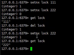 redis-cli 操作截图：setnx lock 111 返回 1，再次 setnx lock 222 返回 0，get lock 返回 111，del lock 返回 1，之后再 setnx 又返回 1