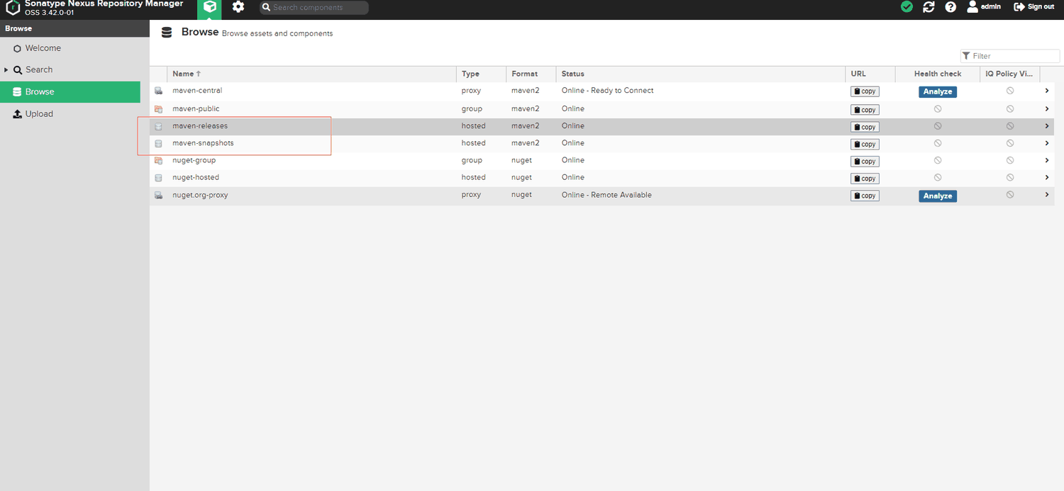 Browse 页面显示 maven-central、maven-public、maven-releases、maven-snapshots