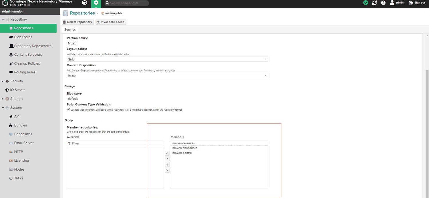 maven-public 分组仓库设置，Members 列表包含 releases、snapshots、central