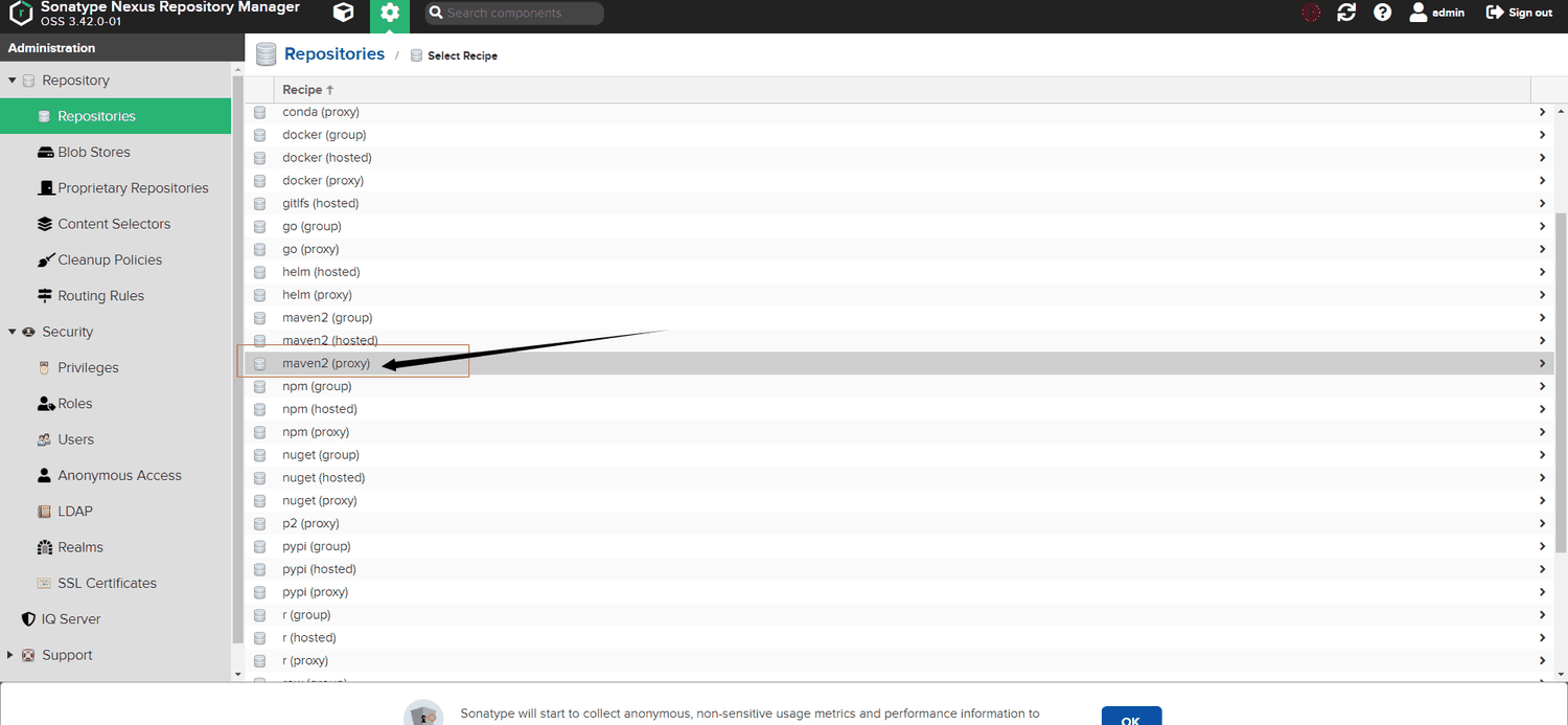 Select Recipe 列表中选择 maven2 (proxy)