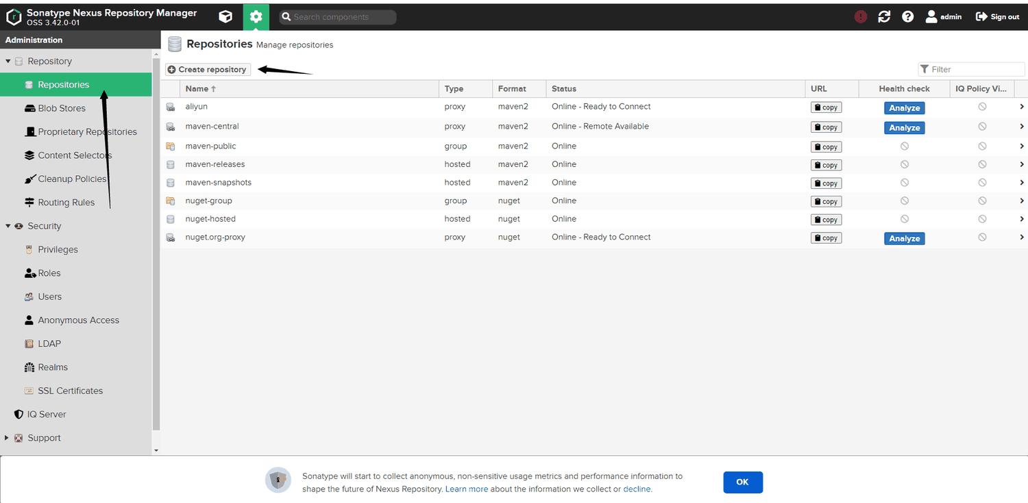 Nexus Repositories 列表页，右上角 Create repository 按钮被箭头标注