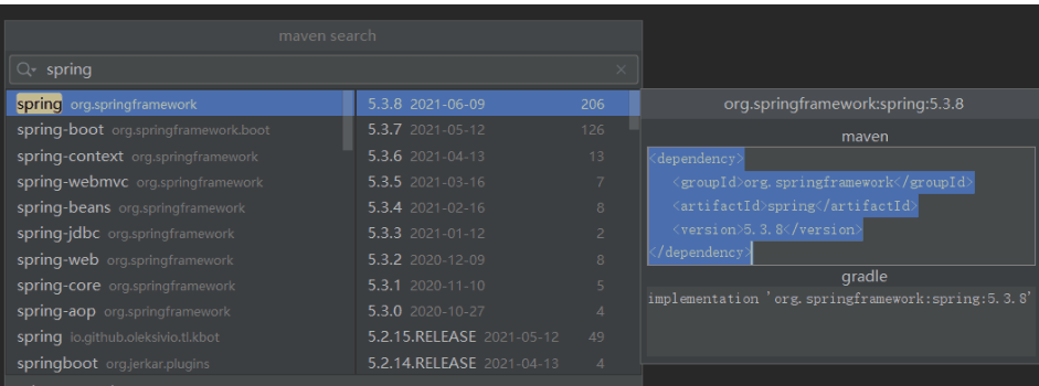 maven search 面板搜索 spring，直接给出坐标和可复制的依赖片段