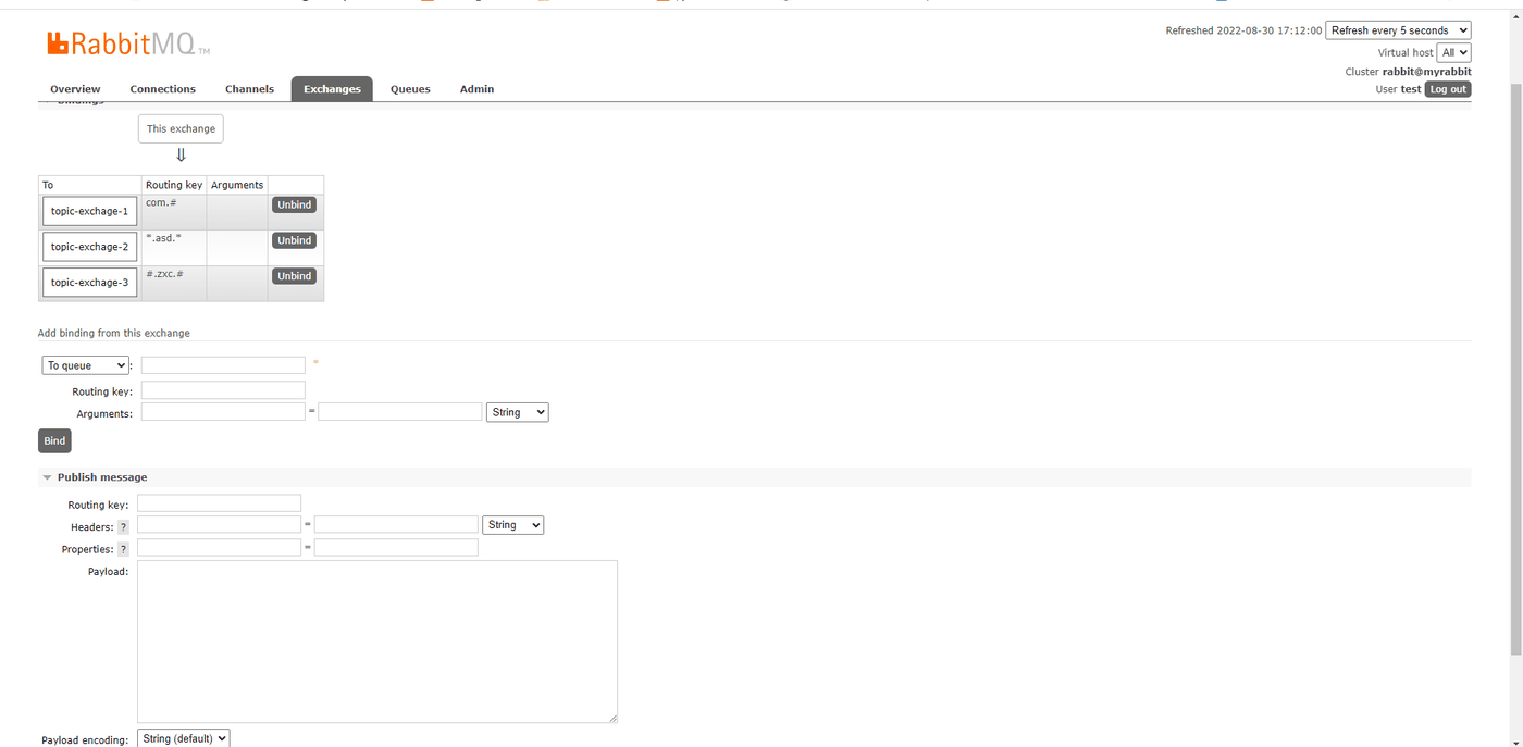 RabbitMQ 管理界面 Exchanges 页面：上方表格列出各交换机的名称、类型、持久化和自动删除属性，右侧展开的是一个 topic 交换机的绑定列表，绑定键一栏写着 com 点星号点 asd 点星号这类匹配模式，对应来源队列和目标队列