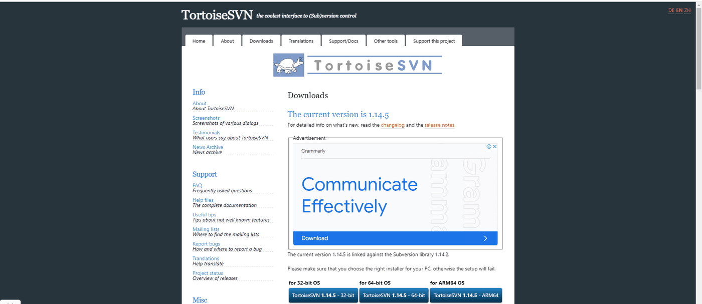 TortoiseSVN 官方下载页截图，底部一行并排显示 32-bit、64-bit、ARM64 三个系统架构的安装包按钮